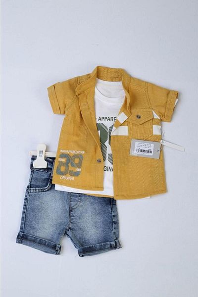 Concept Kids Concept Linen Fabric Shirt 89 Embroidered Jeans Shorts 3-Piece Men's Set