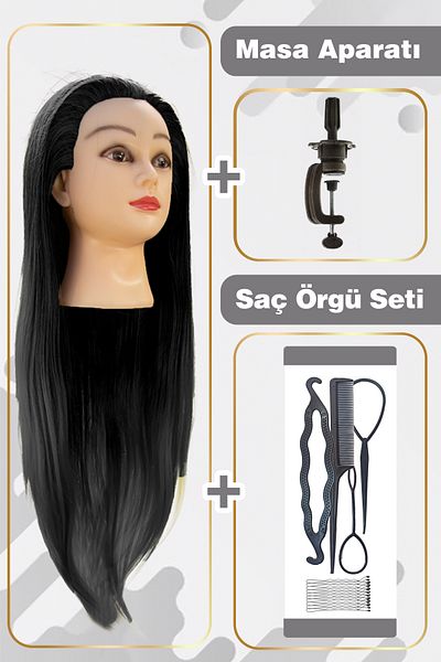 İnter 65cm Fiber Synthetic Black Hairdresser Training Mannequin Working Head