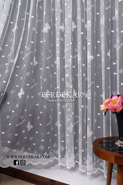 Perdekar Kelebek Ve Kalp Desen Örme Çocuk Odası Tül Perde (1X3 SIK PİLELİ)