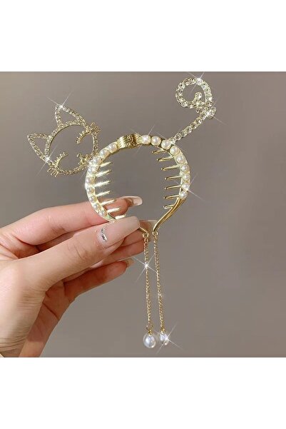GÜLPEŞE AUR METAL OȚEL ARC CATARAMĂ CATARAMĂ PERLA DANGLE CATARAMĂ DETALIATĂ CAT