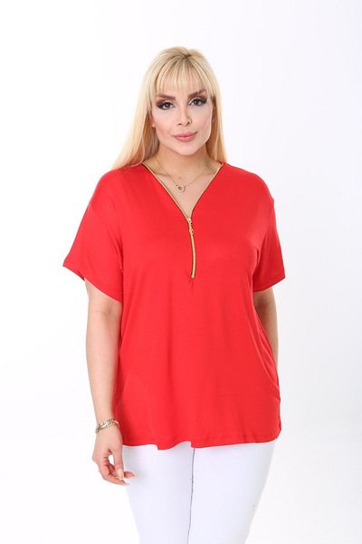 garajmood Red Collar Zippered Plus Size Blouse