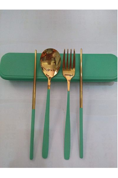 Rainbow 4 Piece Stainless Korean Chopstic Set - Fork and Spoon