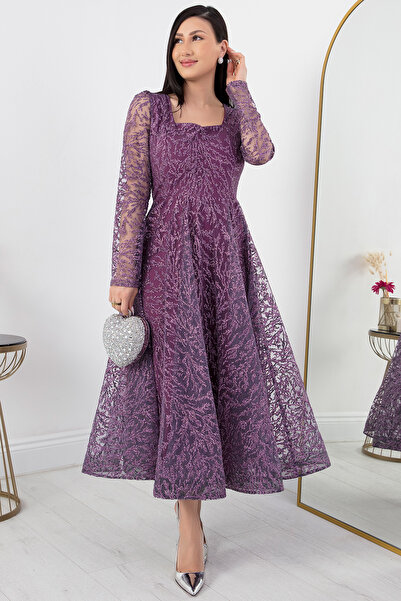 PULLIMM Kare Yaka Uzun Kol Simli Tül Abiye Elbise 1299