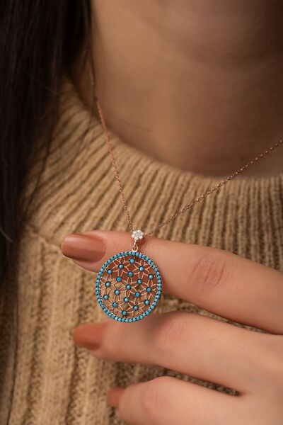 Nereze 925 Ayar Gümüş Turkuaz Taşlı Yaşam Çiçeği Kolye Kadın Gümüş Kolye