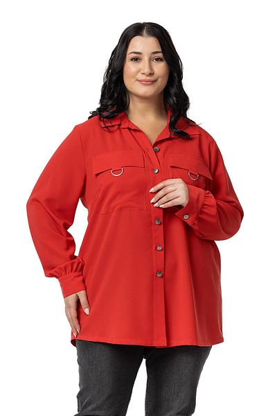 DISENTIS MODEST Red Plus Size Shirt - D Buckle Detail, Pocket and Cuff