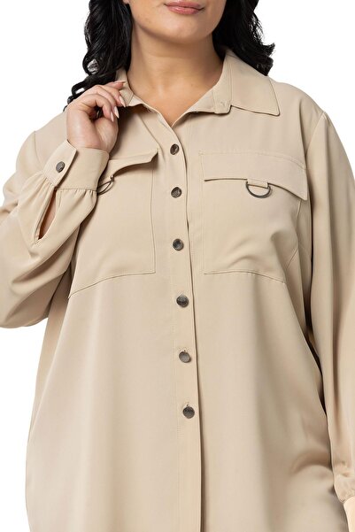 DISENTIS MODEST Beige Colored Large Size Shirt - D Buckle Detail, Pocket and Cuff