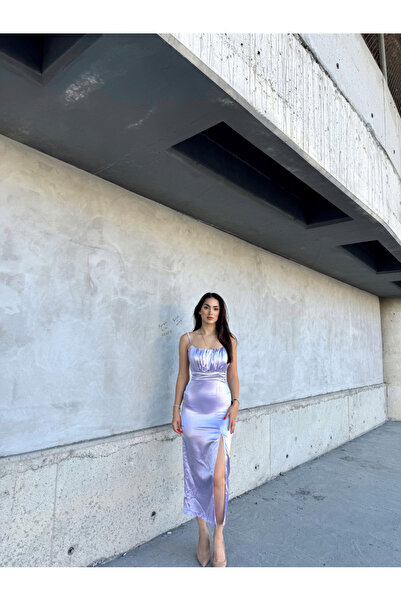 Sindimoda Ön Drapeli Yırtmaçlı Saten Elbise 2604