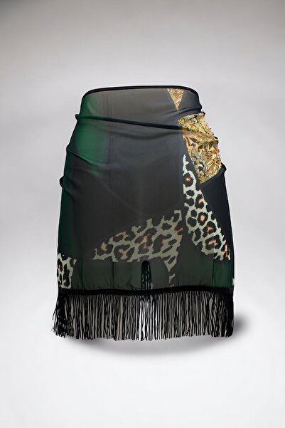 pistore Yeşil Leopar Desenli Şifon Kısa Püsküllü Pareo Bağlamalı Kadın Plaj Elbisesi Yeni Sezon 95*145 Cm