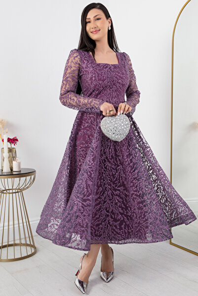 PULLIMM Kare Yaka Uzun Kol Simli Tül Abiye Elbise 1299