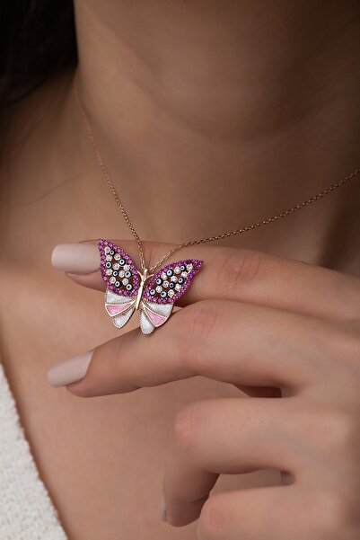 Nereze Kadın Pembe Taşlı Kelebek Kolye Gümüş Kolye 925 Ayar