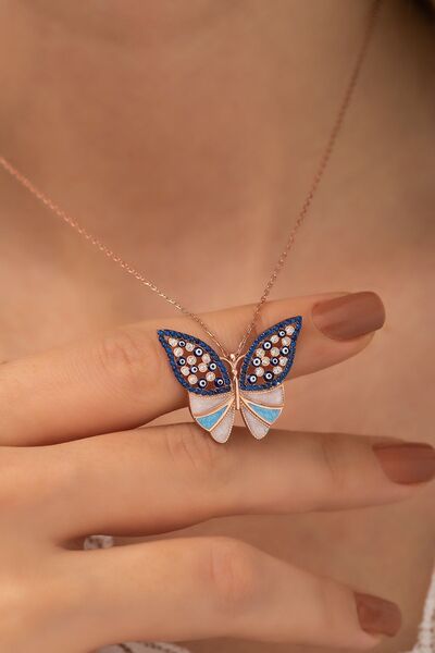 Nereze Kadın 925 Ayar Mavi Taşlı Gümüş Kelebek Kolye
