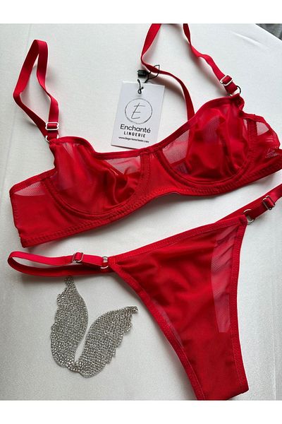 Enchante Lingerie Amsterdam Red Women's Lingerie Set - Underwire Tulle Bra and Thong