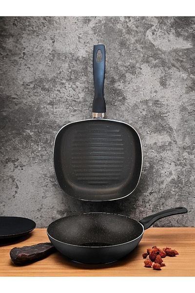 Bayev Granite 2-Piece Griddle Set - 28 Cm Wok and 26 Cm Striped Grill Pan