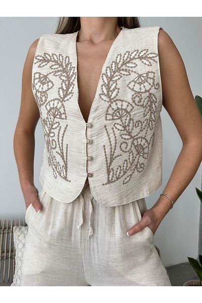 SEDA FİDAN Stone Colored Embroidered Muslin Linen Vest
