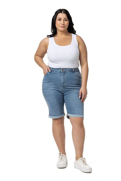 DISENTIS MODEST Light Blue Denim Shorts - Plus Size, Folded Leg and Five Pockets