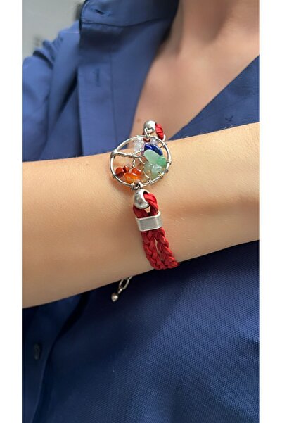 Kutcha Accessories Çakra Doğaltaşlı Kırmızı Örgü Süet Deri Bileklik