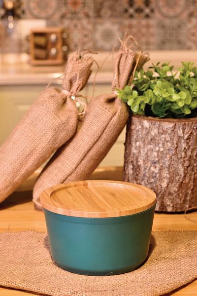 Bambum Blue Slalom Granite Storage Box with Bamboo Lid 12cm