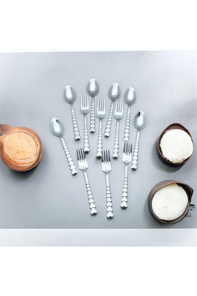 ARVEY 12 Parça 6 Kişilik Kalpli Tatlı Kaşık -Tatlı Çatalı