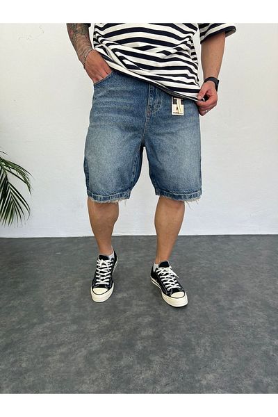 Oliggopol Ανδρικό τζιν σορτς μπλε Premium Baggy Fit Capri με λείανση