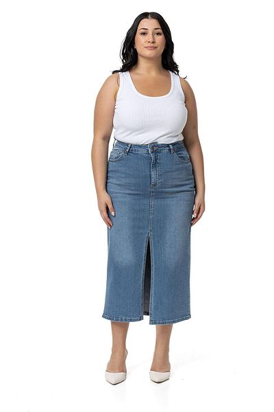 DISENTIS MODEST Plus Size Midi Denim Skirt - Front Slit and Five Pockets, Light Blue