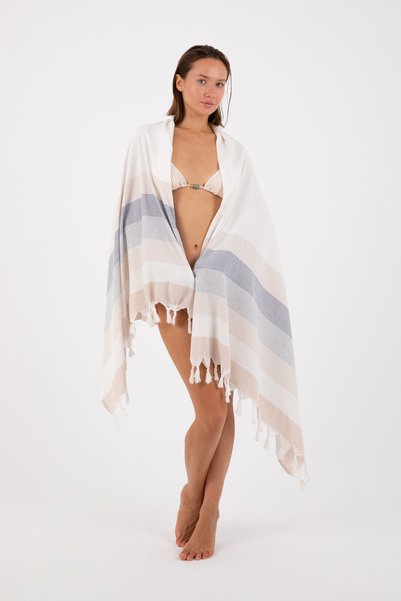 Dokubba Thin Peshtemal Beach Towel, 90X180Cm, Cotton Viscose, Washed Soft Peshtemal - White - Blue Striped