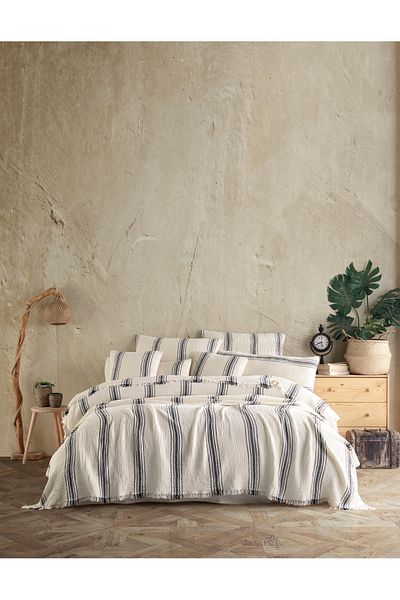 destinyhometex Cuvertură de pat supradimensionată cu cinci dungi, 4 straturi, muselină multiplă, 100% bumbac, 240x260 cm, supradimensionată