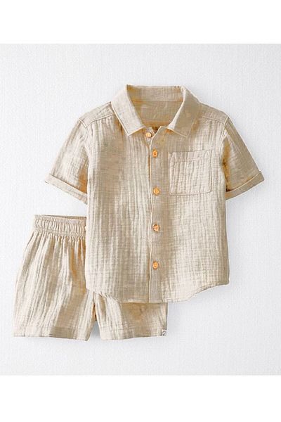 Pink Hippo Kids Boy's Muslin Fabric Shirt and Shorts Top and Bottom Set
