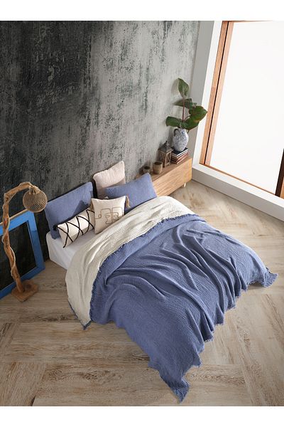 destinyhometex Indigo King Size 240X260Cm Bedspread/2 Pieces 50X70Cm Pillow 4 Layer Multi Muslin 100% Cotton