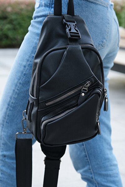 NEWISH POLO ACCESSORIES Unisex Siyah Su Geçirmez Yıkama Deri Usb Ve Kulaklık Girişli Çapraz Omuz Ve Göğüs Yürüyüş Çantası