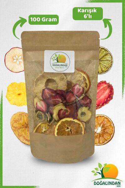 DoğalındanSize 100 جرام عبوة من 6 فواكه مجففة - خالية من السكر (التفاح، الموز، الأناناس، الفراولة، البرتقال، الليمون)