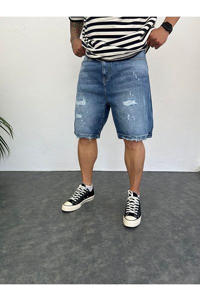 Oliggopol Ανδρικό τζιν σορτς μπλε Premium Baggy Fit Capri Ripped Denim