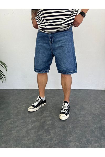 Oliggopol Ανδρικό τζιν σορτς μπλε Premium Baggy Fit Capri Comfortable Fit τζιν σορτς