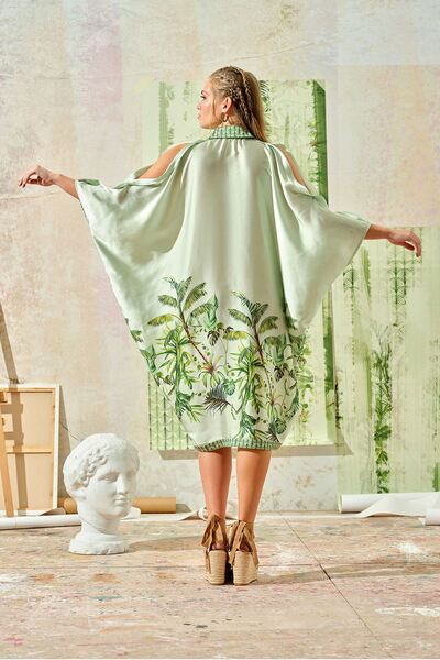 UPGRADE Green Tropical Printed Bat Sleeve Dress