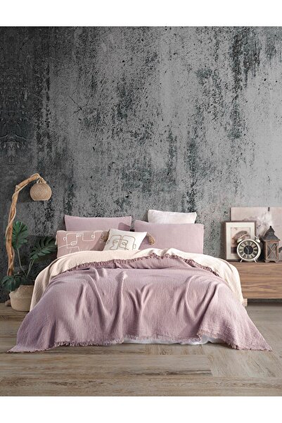 destinyhometex Lila Battal Boy 240x260cm Yatak Örtüsü/2 Adet 50x70cm Yastık 4 Katlı Multi Muslin %100 Pamuk
