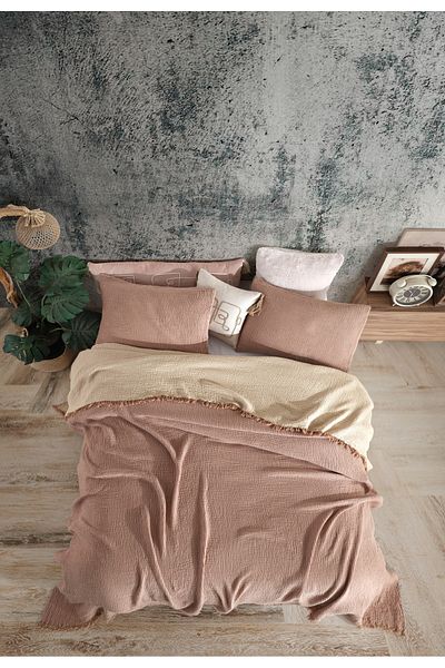 destinyhometex Кафява калъфка за легло King Size 240x260 см/2 броя 50x70 см, 4-слойна, многослойна, муселин, 100% памук