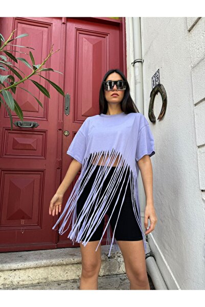 minaaise Lila Püsküllü Penye Oversize T-Shirt 25436