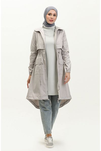 sefamerve Gray Trench Coat 61331-03 - Gathered Waist