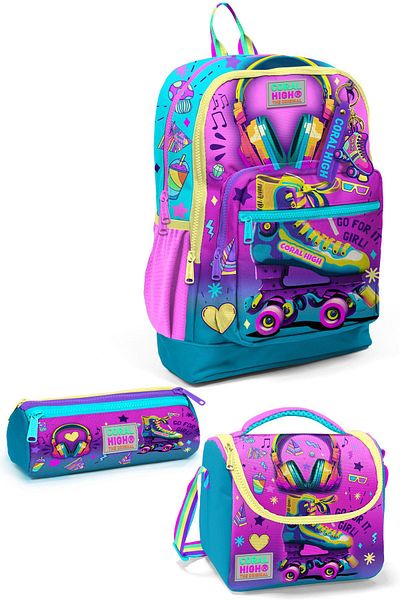 Coral High Set de 3 genți de școală - roz, turcoaz, model Skate, căști - SET 0123754
