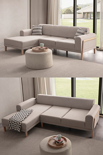 Eymense Latte Sırt Mekanizmalı Köşe Koltuk Takımı Krem Sol Köşe