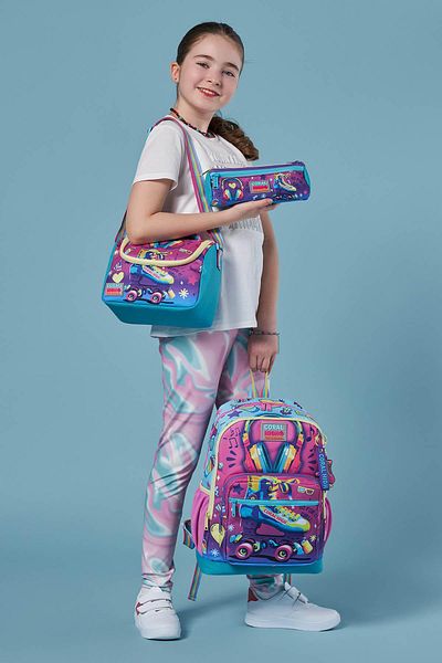 Coral High Set de 3 genți de școală - roz, turcoaz, model Skate, căști - SET 0123754