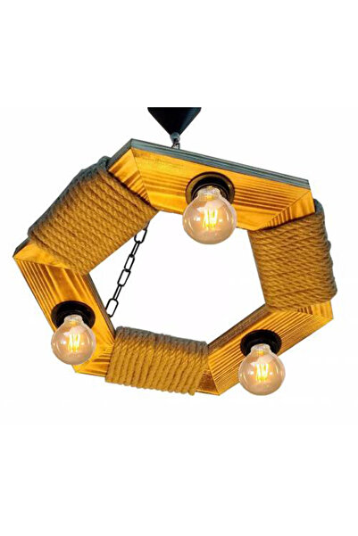 Zümra Ahşap Altıgen 3 Lambalı Halatlı Ahşap Avize