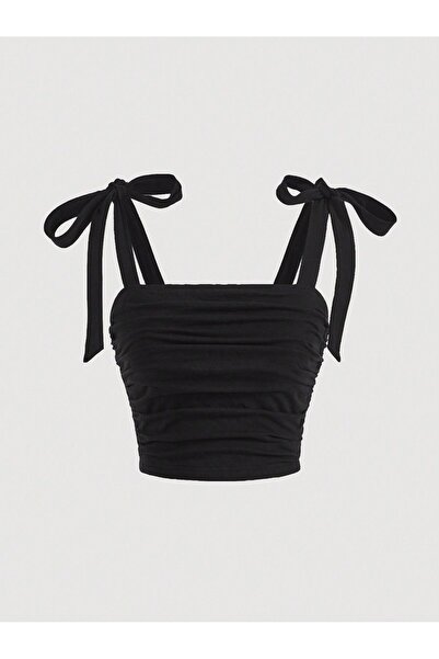 Wild Flower Лятно черно горнище с широки презрамки - детайл с панделка