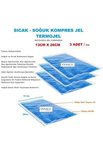 Vanaca Grup Soğuk Kompres Jel, Sıcak Kompres Jel, Termojel, Tekrar Kullanılır, Buz Paketi 13cmx26cm (5 ADET)