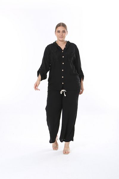 XL Modam Large Size Black Mesh Detailed Long Sleeve Folded Suit