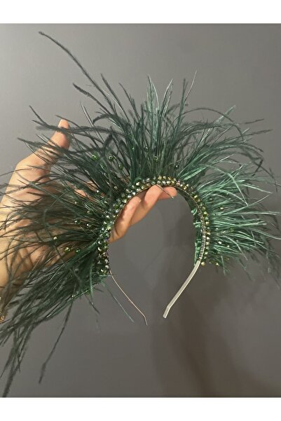 DesaAccessories Kristal Taş İşlemeli Tüylü Kına, Nişan, After Party Tacı
