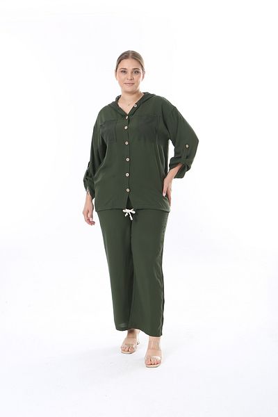 XL Modam مقاس كبير للنساء - مجموعة شبكية بأكمام طويلة قابلة للطي باللون الكاكي