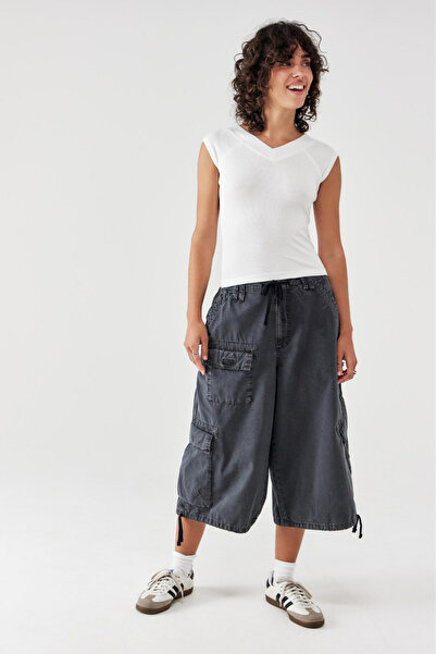 september island Yıkanmış Siyah Oversize Kargo Uzun Şort