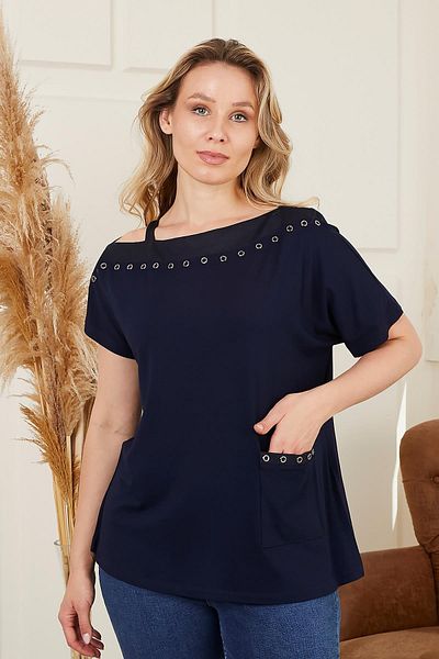 RMG Navy Blue Large Size Staple Detailed Collar and Pocket T-Shirt