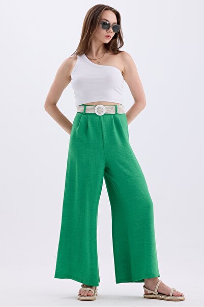 MD trend Linen Blended Loose Summer Trousers - Women's, Belt and Elastic Waist