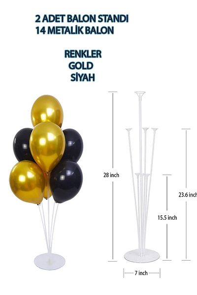 Parti dolabı 2 Pieces of 7 Balloon Stands and 14 Pieces of Gold-Black Metallic Balloons Set